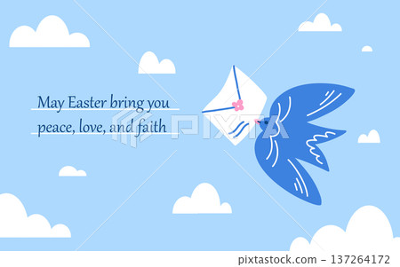 A card with a bright Easter bird flying across the sky with an envelope in its beak and a wish 137264172