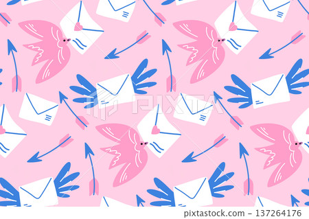 Romantic Pink Seamless Pattern with Birds, Love Letters and Arrows, Cute Valentine Background for Kids Textile and Wrapping Paper Romantic Pink Seamless Pattern with Birds, Love Letters and Arrows, Cute Valentine Background for Kids Textile and Wrapping Paper 137264176