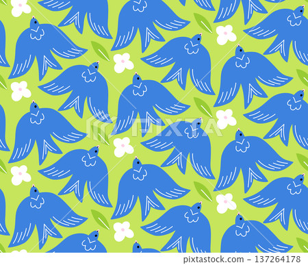 Bright Green Seamless Pattern with Blue Swallows and Small Flowers, Vibrant Spring Bird Background for Textile and Kids Decor Bright Green Seamless Pattern with Blue Swallows and Small Flowers, Vibrant Spring Bird Background for Textile and Kids Decor 137264178