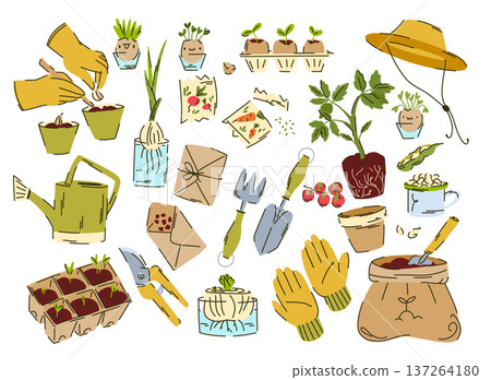 Large Hand-Drawn Gardening Tools and Plant Cultivation Elements in Doodle Style 137264180