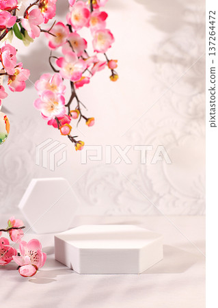 Empty beautiful spring podium with pink sakura flowers background and template for your creative product display stand and summer party concept. Elegant sunny colorful banner Empty beautiful spring podium with pink sakura flowers background and template for your creative product display stand and summer party concept. Elegant sunny colorful banner 137264472