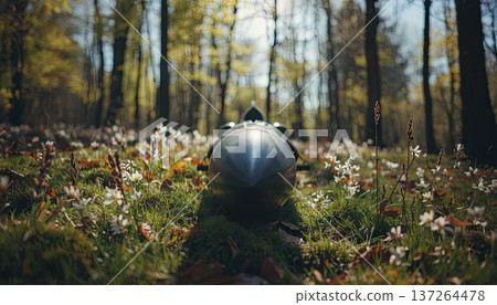A ballistic missile resting on green grass surrounded by blooming spring flowers in a quiet city park. Conceptually, it explores geopolitical conflict, the environmental impact of war. 137264478