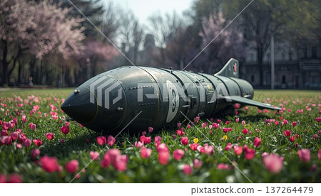 A ballistic missile resting on green grass surrounded by blooming spring flowers in a quiet city park. Conceptually, it explores geopolitical conflict, the environmental impact of war. A ballistic missile resting on green grass surrounded by blooming spring flowers in a quiet city park. Conceptually, it explores geopolitical conflict, the environmental impact of war. 137264479