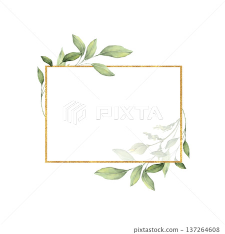 Rectangular golden frame with botanical green branches 137264608