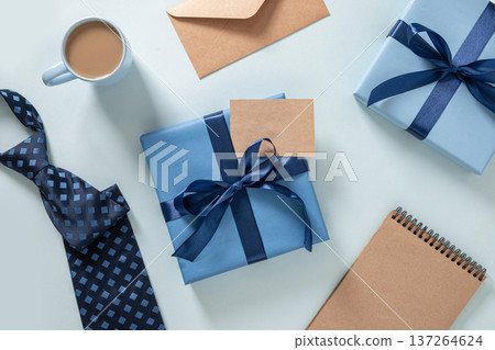 Fathers Day gift and coffee flat lay Fathers Day gift and coffee flat lay 137264624