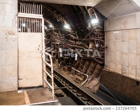 railway tracks in underground subway tunnel 137264705