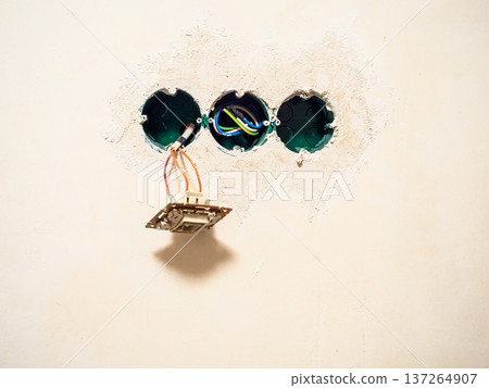 plastered wall with sockets for electrical outlets plastered wall with sockets for electrical outlets 137264907