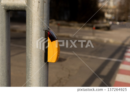 Pedestrian crossing push button for traffic light control in urban environment 137264925