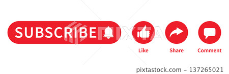 Subscribe button with notification bell and like share comment icons set red social media interface elements for channel promotion online marketing engagement isolated Subscribe button with notification bell and like share comment icons set red social media interface elements for channel promotion online marketing engagement isolated 137265021