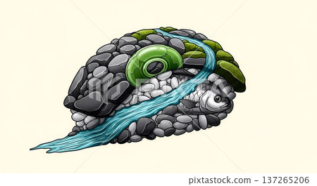 Biomorphic Surrealism Style. a piece of nigiri with rice grains like pebbles and fish as a flowing river, in a palette of mineral grey, jadeite green, quartz white 137265206