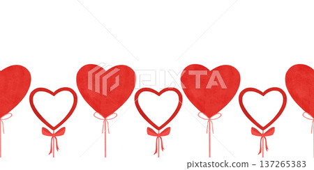 Seamless border. Red, scarlet heart shaped balloons on a stick, with a ribbon. Set of elements in a flat style. Watercolor, pastel. Design element 137265383