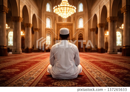 Person Seated Amidst Sacred Surroundings In Evening Tranquility. Worshiper Sits Peacefully Amid Ornate Architectural And Decorative Elements During Nighttime Reverence 137265633
