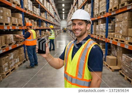 Personnel Managing Stock Levels With Mobile Device In Storage Area. Staff Member Monitoring Inventory Using Smartphone Amid High Shelves And Boxed Items In Busy Warehouse 137265634