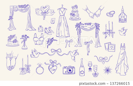 Wedding hand drawn whimsical ink drawings and elements. Mediterranean, Italy and France inspired 137266015