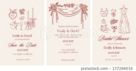 Vintage wedding Invitations, Save the date, bridal shower, wedding stationary set. Hand drawn Vintage wedding Invitations, Save the date, bridal shower, wedding stationary set. Hand drawn 137266016