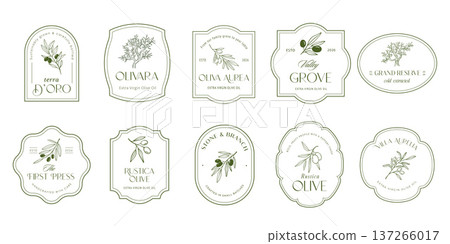 Vintage hand drawn olive old labels, badges and minimalist logos. 137266017