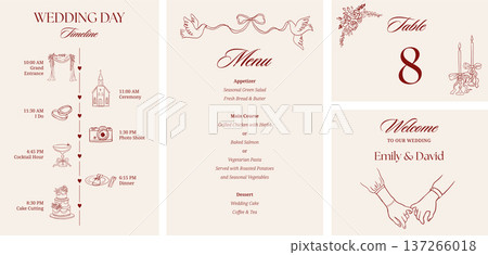 Wedding Invitations and stationary set. Hand drawn whimsical illustrations. Wedding timeline and 137266018