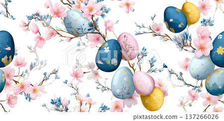 Easter Egg and Cherry Blossom Seamless Pattern with Spring Branch Details 137266026
