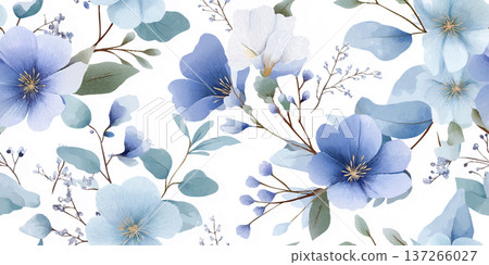 Elegant Blue Flax Flower Seamless Pattern with Soft Greenery and Berries 137266027