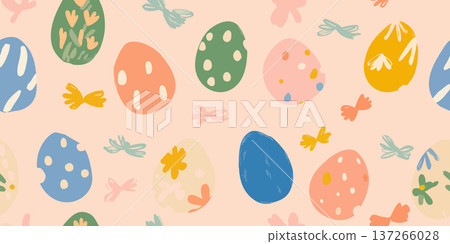 Pastel Hand Drawn Easter Egg Seamless Pattern with Cute Bows and Doodles 137266028