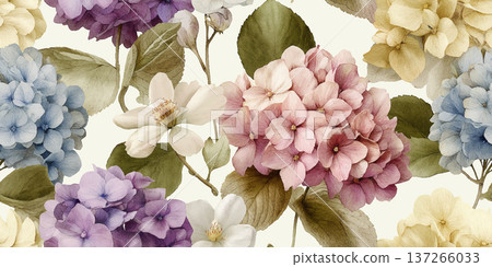 Vintage Watercolor Hydrangea Seamless Pattern with Pastel Floral Blooms Vintage Watercolor Hydrangea Seamless Pattern with Pastel Floral Blooms 137266033