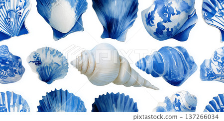 Nautical Blue Watercolor Seashell Seamless Pattern on White Background Nautical Blue Watercolor Seashell Seamless Pattern on White Background 137266034
