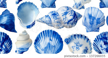 Nautical Blue Watercolor Seashell Seamless Pattern on White Background Nautical Blue Watercolor Seashell Seamless Pattern on White Background 137266035