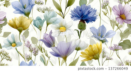 Elegant Wildflower Meadow Seamless Pattern with Blue Bellflowers and Lavender 137266049