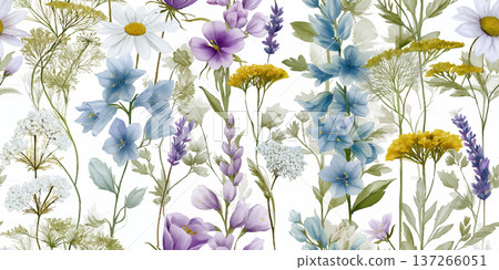 Elegant Wildflower Meadow Seamless Pattern with Blue Bellflowers and Lavender 137266051