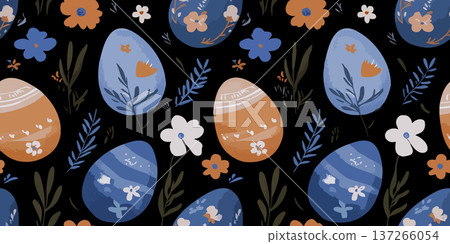 Folk Art Style Easter Egg Seamless Pattern with Blue and Orange Floral Ornaments 137266054