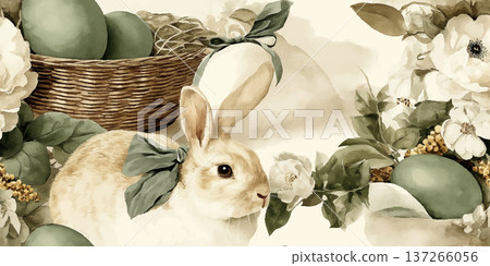 Vintage Watercolor Easter Bunny Seamless Pattern with Green Eggs and Floral Basket 137266056
