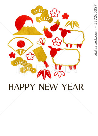 Stylish red and gold New Year's card material for the Year of the Sheep 2027 (Reiwa 9) (hand-drawn watercolor illustration) Stylish red and gold New Year's card material for the Year of the Sheep 2027 (Reiwa 9) (hand-drawn watercolor illustration) 137266057