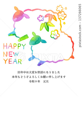 Colorful and stylish New Year's card material for the Year of the Sheep 2027 (Reiwa 9) (hand-drawn watercolor illustration) Colorful and stylish New Year's card material for the Year of the Sheep 2027 (Reiwa 9) (hand-drawn watercolor illustration) 137266065
