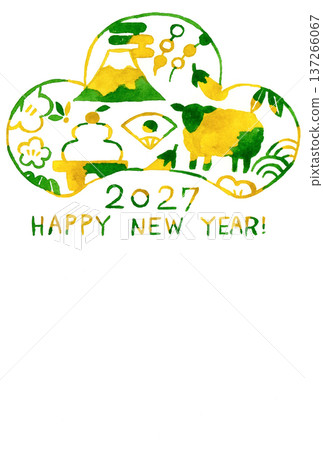 時尚的綠色和金色新年賀卡素材，適用於2027年羊年（令和9年）（手繪水彩插圖） 137266067