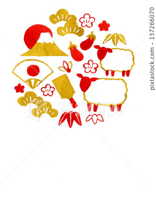Stylish red and gold New Year's card material for the Year of the Sheep 2027 (Reiwa 9) (hand-drawn watercolor illustration) 137266070