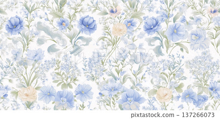 Intricate Blue Wildflower Seamless Pattern with Dense Botanical Foliage for Fashion Print Intricate Blue Wildflower Seamless Pattern with Dense Botanical Foliage for Fashion Print 137266073