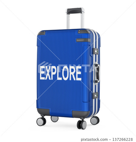 Explore travel, concept. Suitcase on wheels, symbolizing travel, tourism and adventure, 3d rendering 137266228