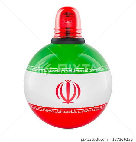 Iran flag sphere with red alarm siren, symbolizing conflict and military escalation, 3d rendering Iran flag sphere with red alarm siren, symbolizing conflict and military escalation, 3d rendering 137266232