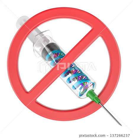 Prohibited syringe with DNA, symbolizing banned injection and genetic biotech restriction, 3d rendering 137266237