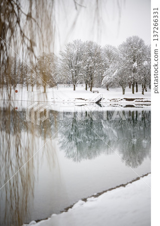 Snow-covered trees reflected in the calm waters of Emmeringer Lake during winter, Emmering near Munich, Bavaria, Germany Snow-covered trees reflected in the calm waters of Emmeringer Lake during winter, Emmering near Munich, Bavaria, Germany 137266331
