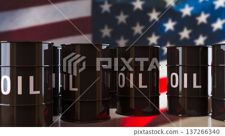 Oil Barrels With United States Flag Energy Industry Concept 3d render. 137266340
