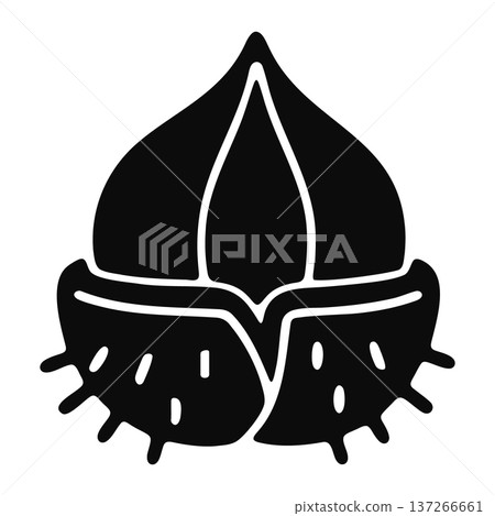 Black silhouette icon of a horse chestnut (conker) pod opening to reveal nuts Black silhouette icon of a horse chestnut (conker) pod opening to reveal nuts 137266661