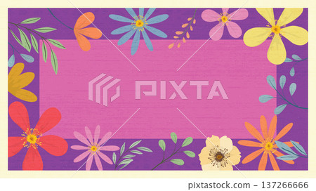 Colorful spring flowers hand drawn style on old roneo paper texture purple and pink colors background Colorful spring flowers hand drawn style on old roneo paper texture purple and pink colors background 137266666