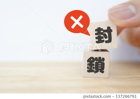 Concept of a cross icon and letter blocks indicating a lockdown. Concept of a cross icon and letter blocks indicating a lockdown. 137266791