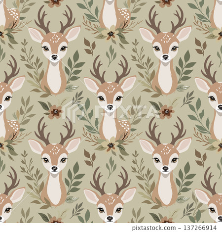 Vector seamless pattern with cute deers in forest lush. Pastel beige and light green color palette Vector seamless pattern with cute deers in forest lush. Pastel beige and light green color palette 137266914