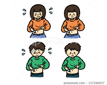 一組插圖，描繪了一個男孩和一個女孩在腹部注射針劑——焦慮的表情差異 137266937