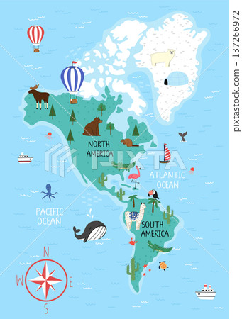 Cartoon map of North and South America and cute animals. Nursery poster. Children illustration Cartoon map of North and South America and cute animals. Nursery poster. Children illustration 137266972