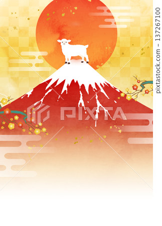 Vector illustration template for 2027 New Year's card with watercolor Mt. Fuji, sheep, and first sunrise (Year of the Sheep, Sheep, Sheep) Vector illustration template for 2027 New Year's card with watercolor Mt. Fuji, sheep, and first sunrise (Year of the Sheep, Sheep, Sheep) 137267100
