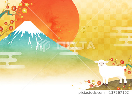 Vector illustration template for 2027 New Year's card with watercolor Mt. Fuji, sheep, and first sunrise (Year of the Sheep, Sheep, Sheep) Vector illustration template for 2027 New Year's card with watercolor Mt. Fuji, sheep, and first sunrise (Year of the Sheep, Sheep, Sheep) 137267102