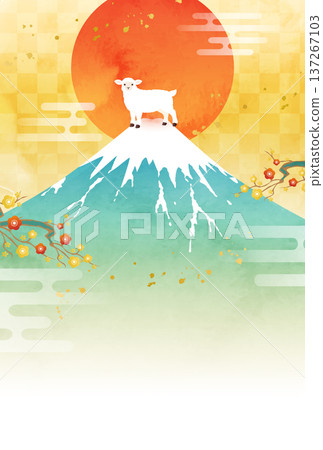 Vector illustration template for 2027 New Year's card with watercolor Mt. Fuji, sheep, and first sunrise (Year of the Sheep, Sheep, Sheep) Vector illustration template for 2027 New Year's card with watercolor Mt. Fuji, sheep, and first sunrise (Year of the Sheep, Sheep, Sheep) 137267103